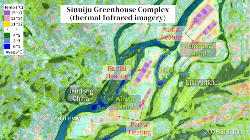 Data from the U.S. Landsat-8 satellite indicates that active heating is detectable in only about 200 hectares — roughly 44% — of the total 450-hectare facility. Analyzed by Bruce Songhak Chung.