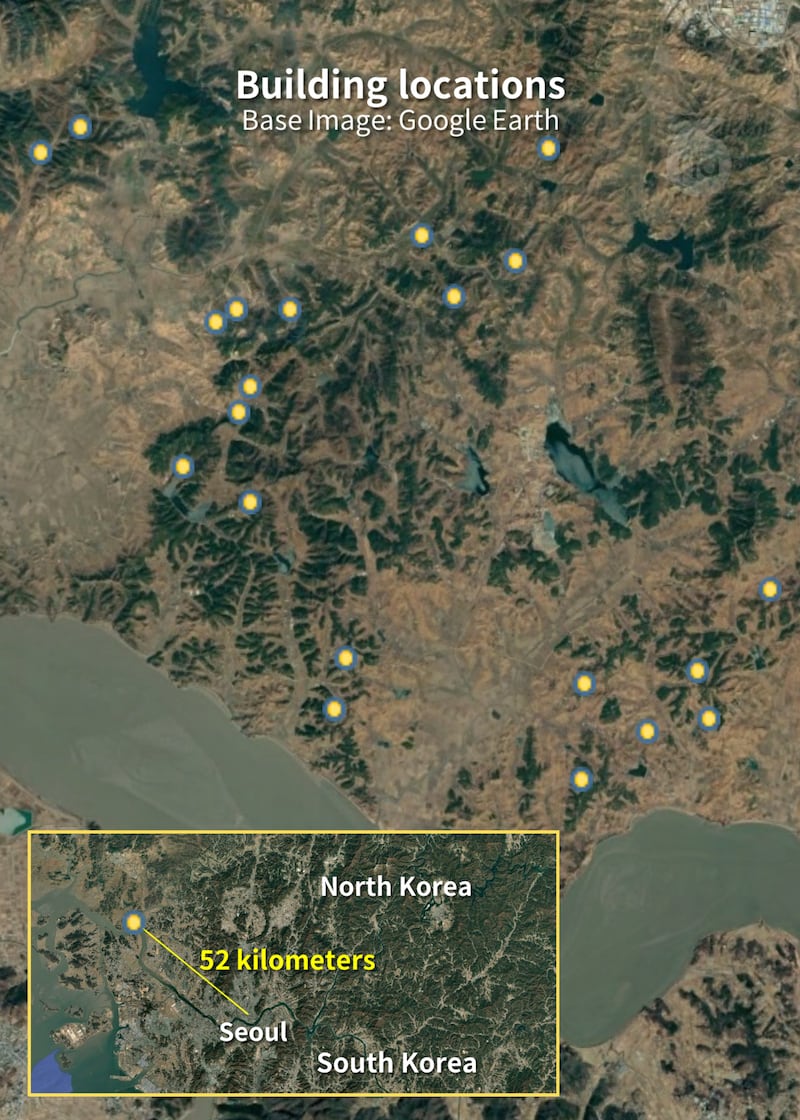 The locations of the 21 MLRS support buildings are grouped into three main sectors near the DMZ, south of the city of Kaesong. Analyzed by Jacob Bogle