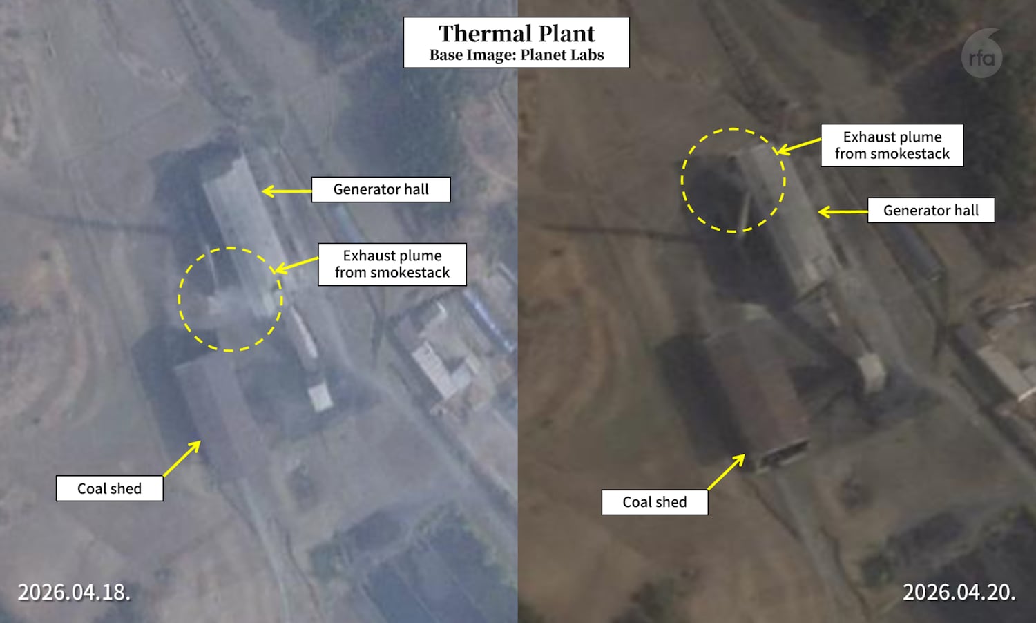 Steam escapes from the thermal plant at the Radiochemical Laboratory at the Yongbyon Nuclear Complex in North Korea on April 18 and 20, suggesting at least limited operations at the laboratory.