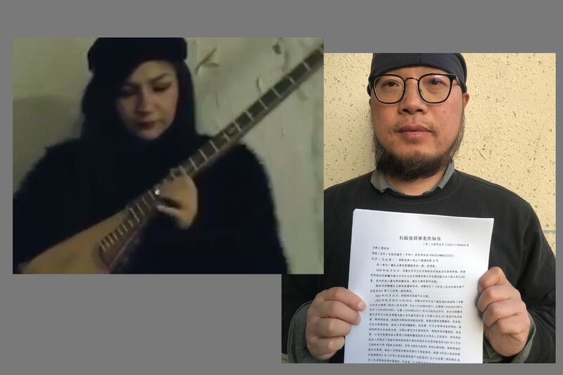 Chinese artist Guo Zhenming, right, holds up the notice he received from Urumqi authorities for filming a Uyghur musician in Xinjiang.