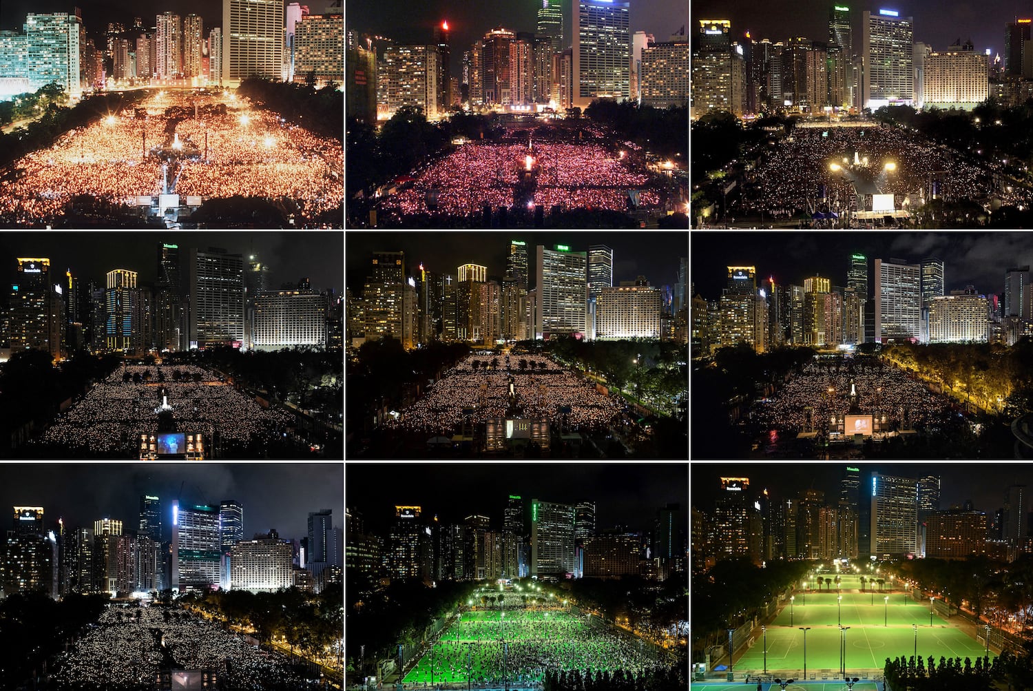 File photos showing Hong Kong's Victoria park on the anniversary of the 1989 Tiananmen Square Massacre in (left to right, top row to bottom row) 1990, 1990, 1999, 2004, 2011, 2015, 2018, 2019, 2020, and 2021.