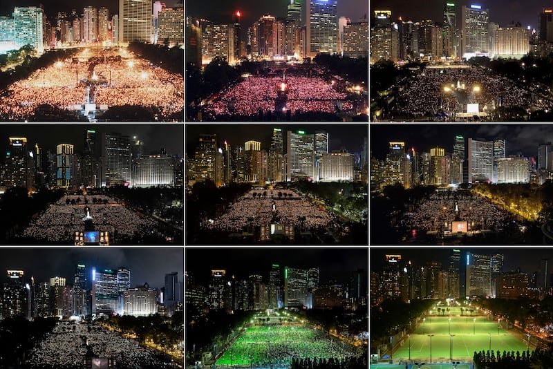 File photos showing Hong Kong's Victoria park on the anniversary of the 1989 Tiananmen Square Massacre in (left to right, top row to bottom row) 1990, 1990, 1999, 2004, 2011, 2015, 2018, 2019, 2020, and 2021.