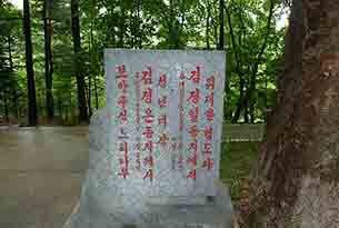 원산농업대학에서 촬영한 김정은 우상화 증거 사진. 김정일 국방위원장과 아들 김정은이 2009년 4월26일 원산농업대학을 방문한 것을 기념해 만들어진 것으로 추정되는 기념비로 '청년대장 김정은 동지께서 주체 98(2009)년 4월26일 보아주신 느티나무'이라고 새겨져 있다. 
