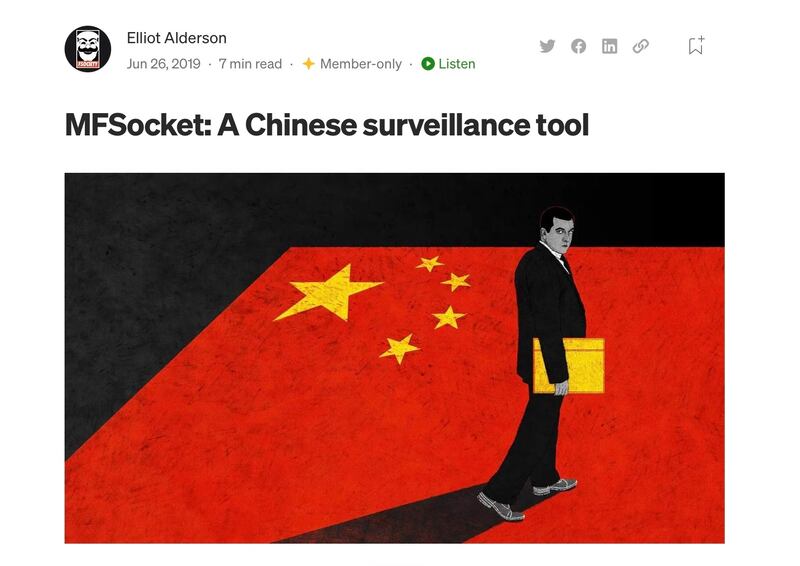 早在2019年,美國駭客Elliot Alderson 就撰文披露「美亞柏科」開發的MFsocket 為監視工具。(Elliot Alderson個人網站)