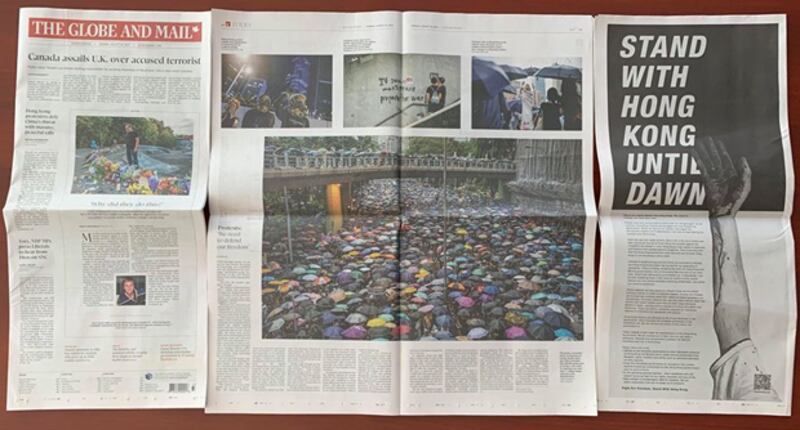 「攬炒團隊」過去經常以眾籌在全球十多個國家刊登文宣廣告。(受訪者提供)
