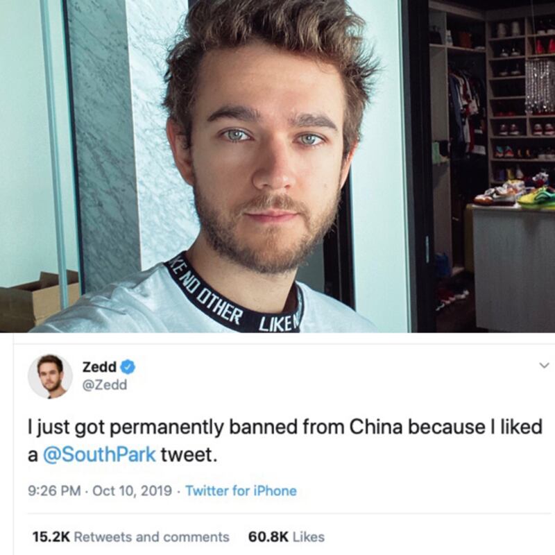 德國知名音樂人 DJ Zedd 因點讚觸及紅線的《南方公園》（South Park）推文即遭中國封殺。（Zedd 推特圖片合成）