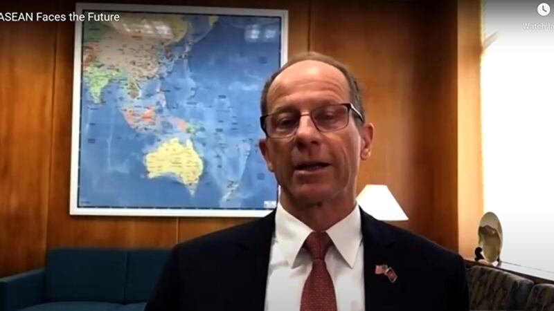 美国国务院主管东亚与太平洋事务的助理国务卿史达伟在讨论会上发言(视频截图)