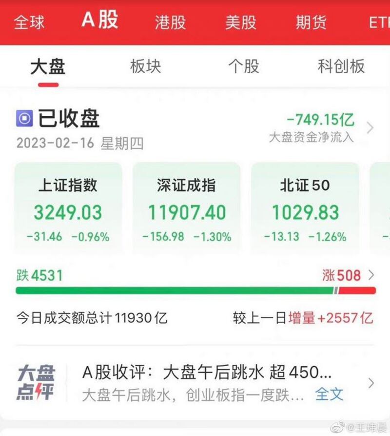 中国上海、深圳等证券交易所，四千多只股票下跌。（网络图片/古亭提供）