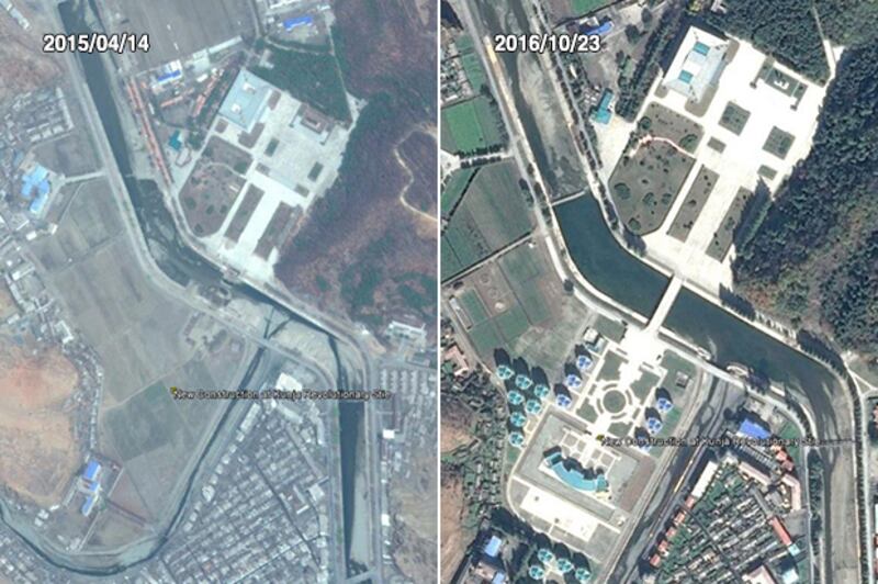 논밭이었던 군자혁명사적지의 남쪽에 새로 조성된 박물관과 현대식 아파트. 