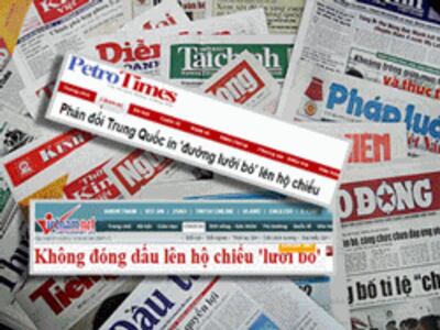 Báo chí Việt Nam đã tận dụng thông tin nước ngoài đồng loạt phản đối Trung Quốc in hình bản đồ “đường lưỡi bò” lên hộ chiếu. RFA file.