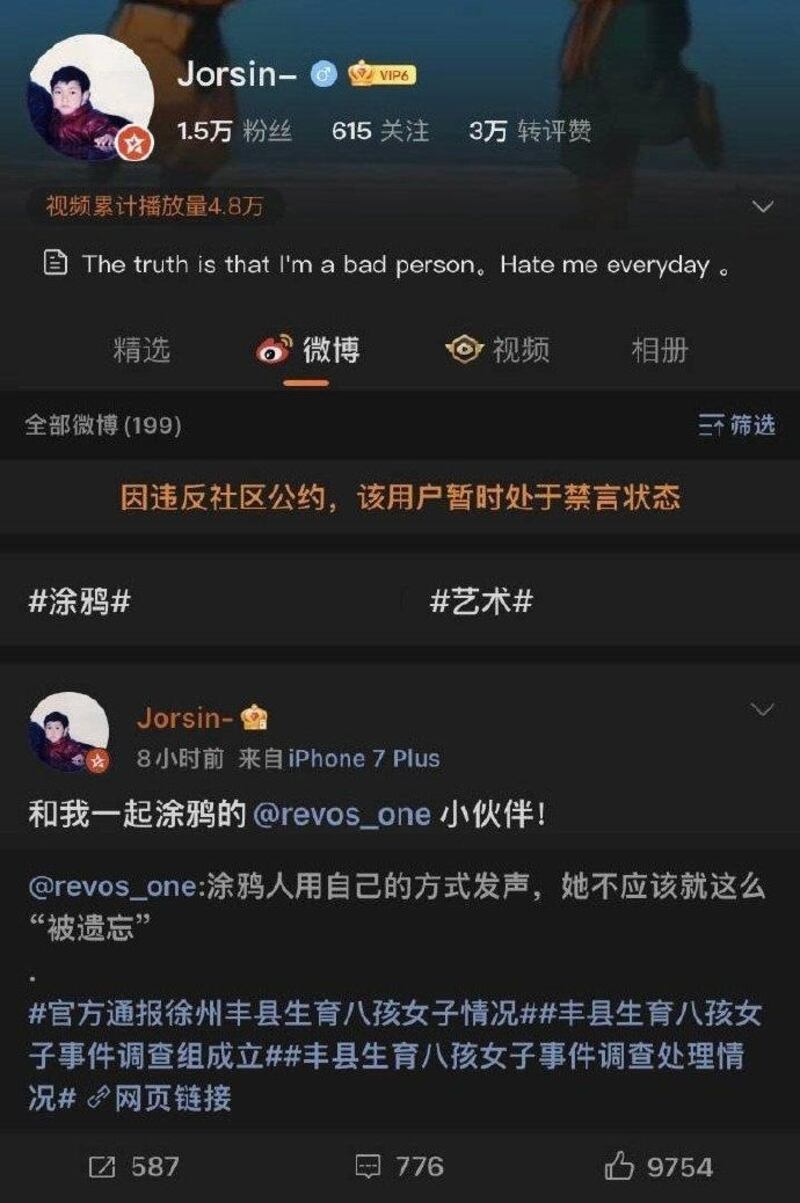 壁畫作者社媒平台亦處於「禁言狀態」。(網絡截圖)