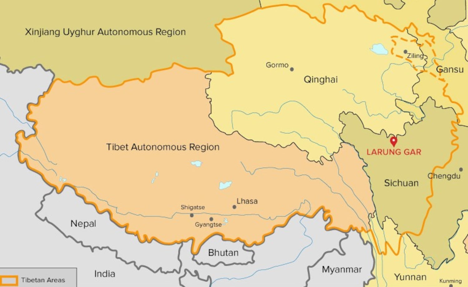 A map shows the location of Larung Gar.