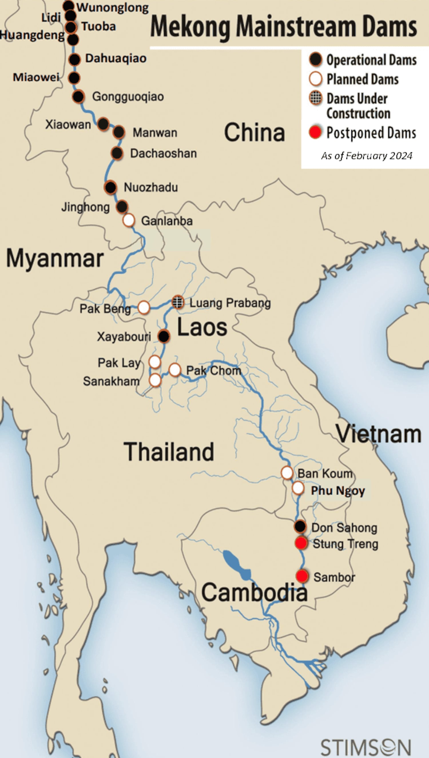 Map of the hydropower plants along the Mekong, operational, planned, and postponed.