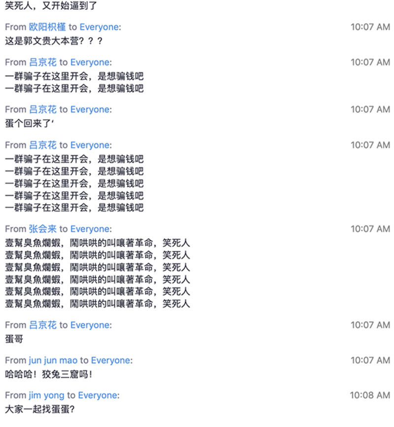 有意人士冒用参与者姓名在聊天室发表攻击言论（社媒聊天室截图）