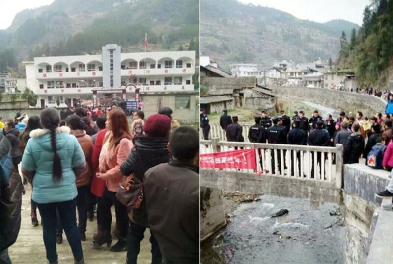 湖北利川巿沙溪鄉大沙溪希望小學逾百名家長及學生,3月2日及3日在學校外抗議拆校。(目擊者提供)