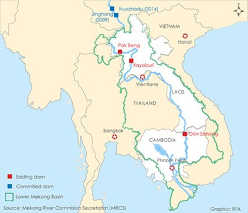 A map shows large-scale dams being developed along the Mekong River by the Lao government. Credit: RFA