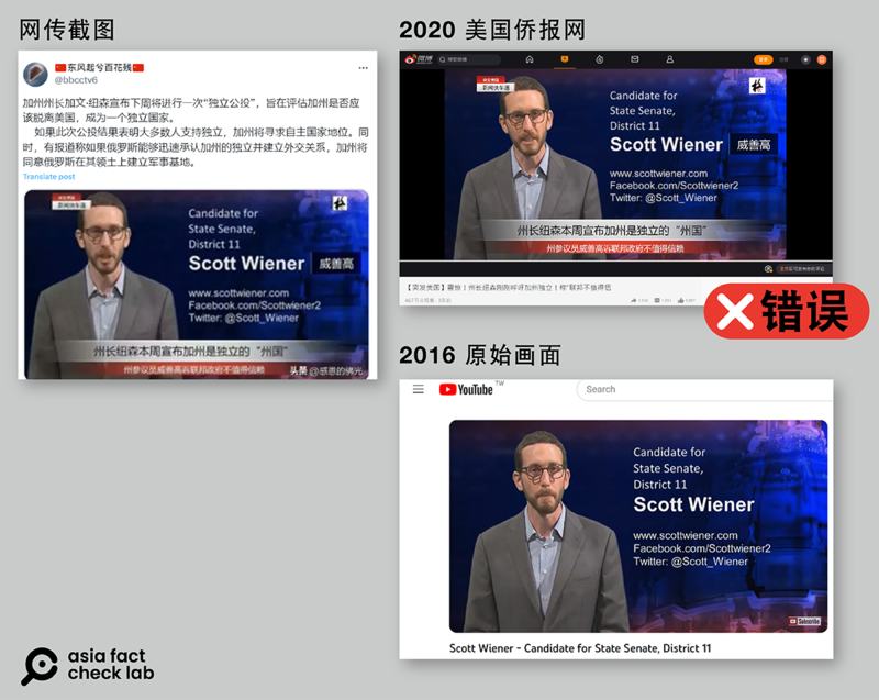 组图：网上流传加州参议员威善高谈话的新闻截图，字幕写着‘州长纽森本周宣布加州是独立的‘州国'”，但原始画面与独立公投无关。（Ｘ、微博、YouTube截图）