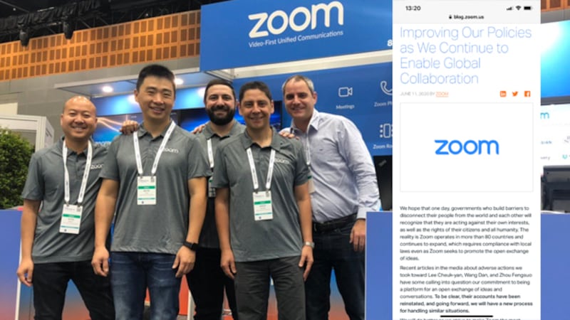 美國視頻會議Zoom公司日前對「紀念六四」活動和帳號進行政治審查事件，其創始人袁征（前排左一）早前承諾解決隱私安全問題，但並未兌現。於周四（11日）發表聲明確認日前關閉「紀念六四」帳號和切斷紀念活動是中國政府下達指令。（Zoom 推特圖片 / 拍攝日期不詳）