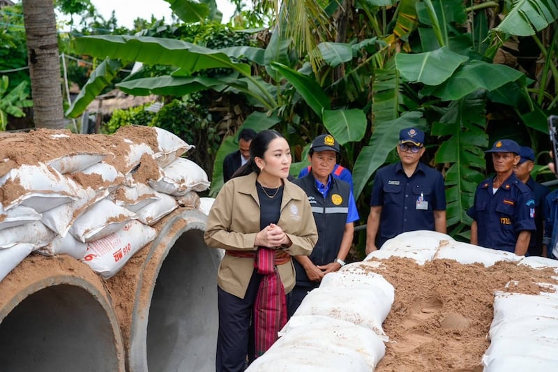 This June 11, 2025, photo from the Thai Government shows Thailand's Prime Minister Paetongtarn Shinawatra inspecting a bunker during a visit to Kap Choeng District in Surin Province near the border with Cambodia.
