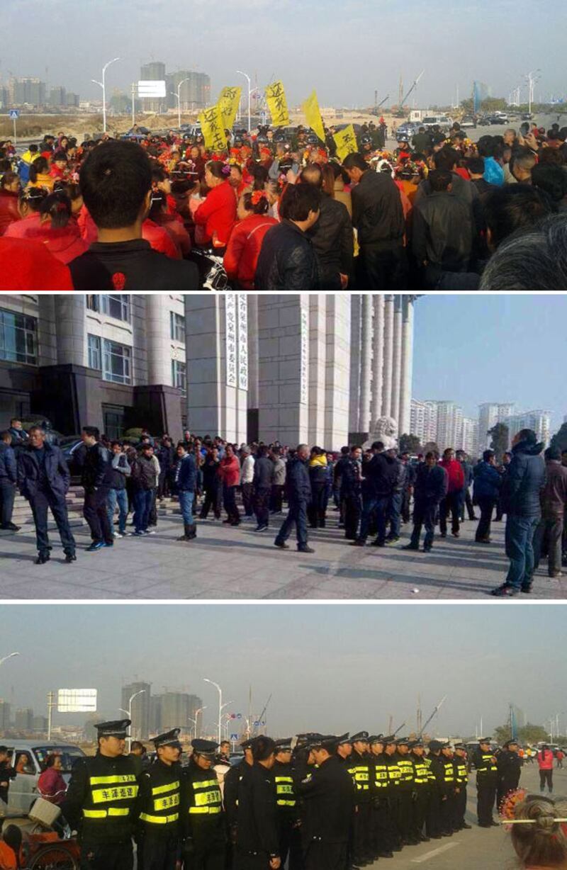 福建潯埔村村民從1月18日起連續四日，前往開發商工地和泉州市政府示威抗議政府侵吞徵地款。當局一度出動大批警察戒備。（現場人士拍攝）