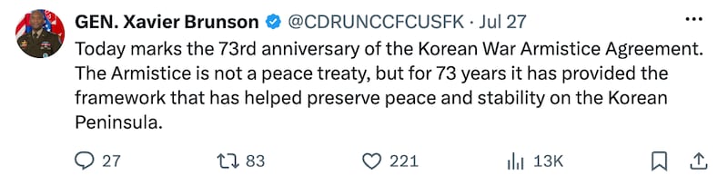 제이비어 브런슨 주한유엔군사령관 SNS 캡처.