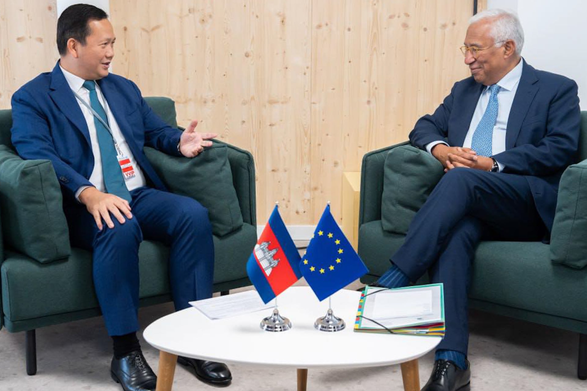 Cambodian PM Hun Manet meets European Council President Antonio Costa.