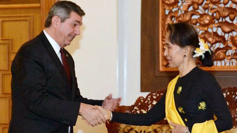Stavros Lambrinidis (L), the European Union's special representative for human rights, meets Myanmar State Counselor Aung San Suu Kyi in Naypyidaw, March 5, 2018.