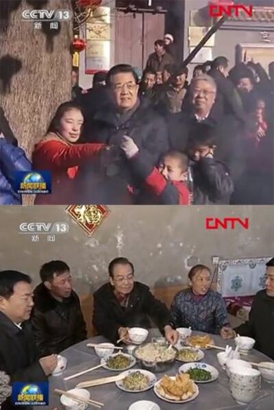 图片:胡锦涛和村中儿童齐放鞭炮,温家宝与贫困民众同吃饺子(CCTV新闻画面截图)