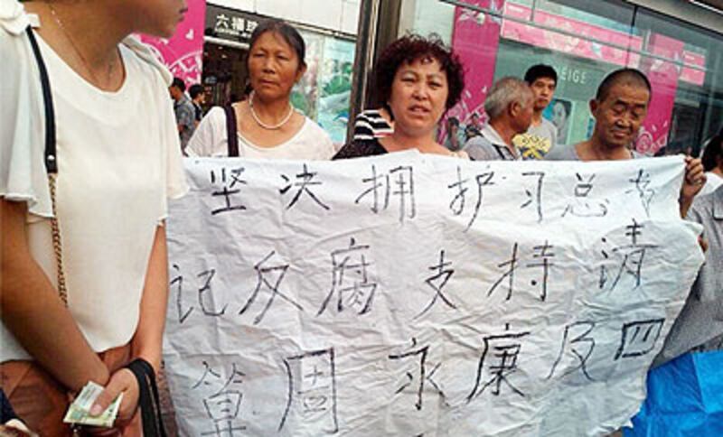 四川綿陽數名訪民在綿陽公園外舉牌支持清算周永康,引發途人圍觀。(照片來自中國天網)