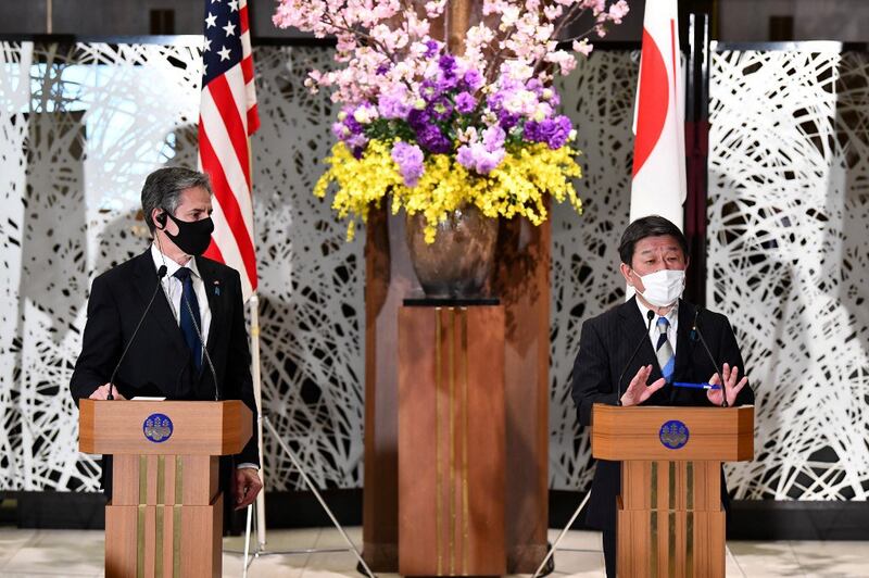 3月16日美日两国外长与防长”2+2会谈”联合声明首次提出”台湾海峡和平稳定的重要性”。（AFP）