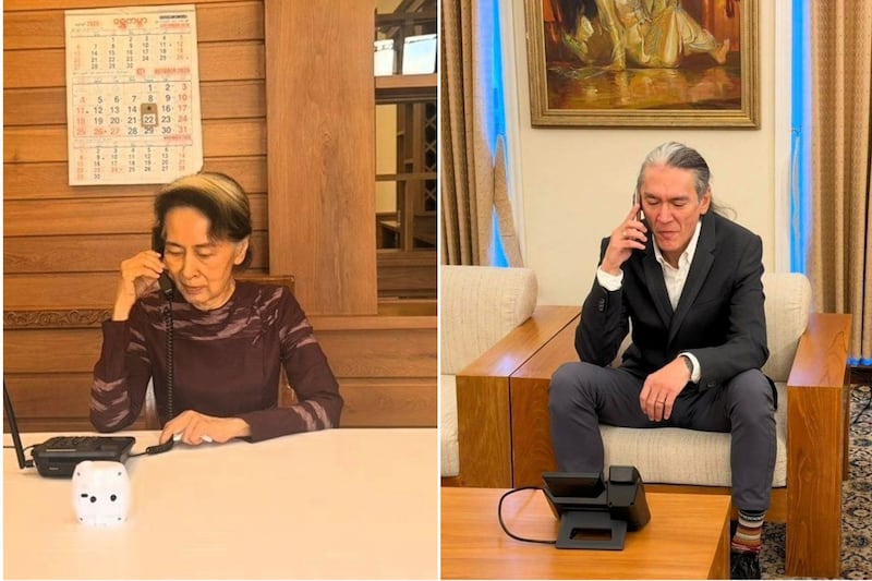 ၂၀၂၆ အောက်တိုဘာ ၂၂ ရက်နေ့က နေပြည်တော်သီးသန့်နေအိမ်တစ်လုံး၌ အကျဥ်းကျနေသည့် ဒေါ်အောင်ဆန်းစုကြည်နှင့် သားငယ် ကင်အဲရစ်ခေါ် ကိုထိန်လင်း တယ်လီဖုန်းမှ ဆက်သွယ်စကားပြော နေသည်ကို စစ်တပ်ခန့်အစိုးရ သမ္မတ၏ သတင်းထုတ်ပြန်ရေးအဖွဲ့က ထုတ်ပြန်ထားသည့်ပုံနှစ်ပုံ။