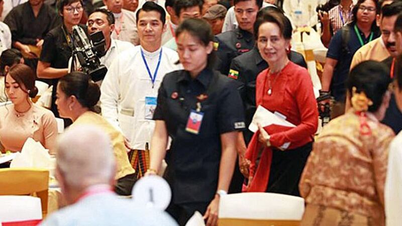 Myanmar State Counselor Aung San Suu Kyi attends the opening ceremony of a film about General Aung San at the Novotel Hotel in Yangon, Sept. 24, 2019.