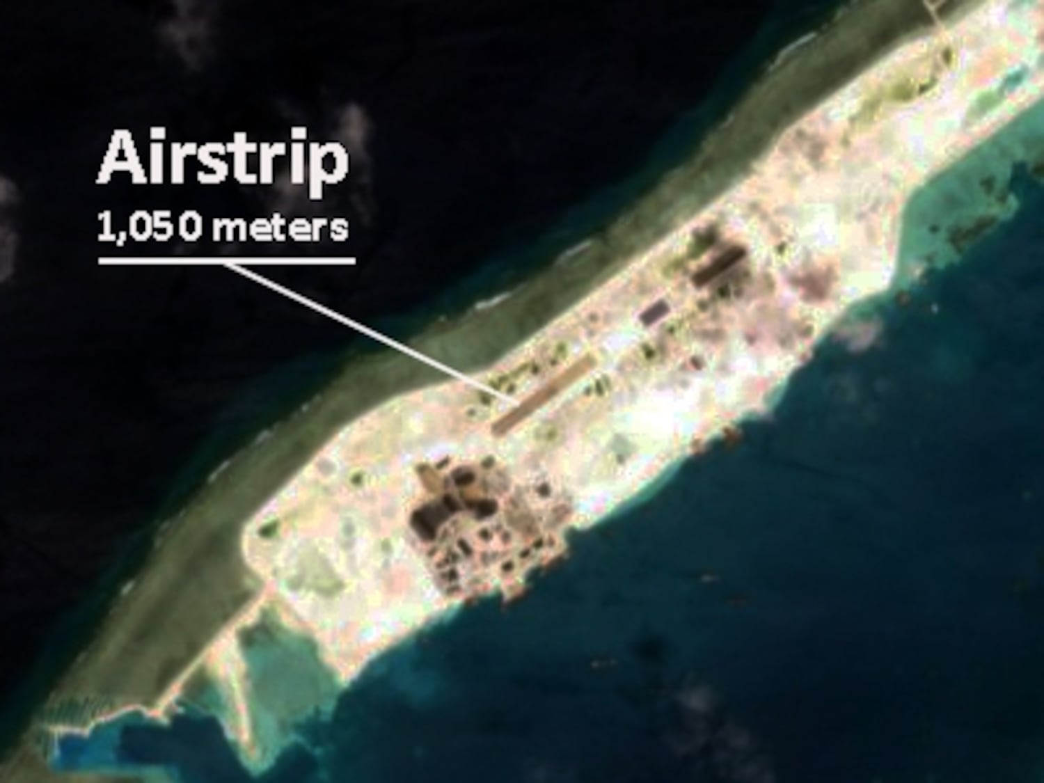 Satellite imagery taken on Oct. 11, 2024 shows a new runway on Barque Canada reef.