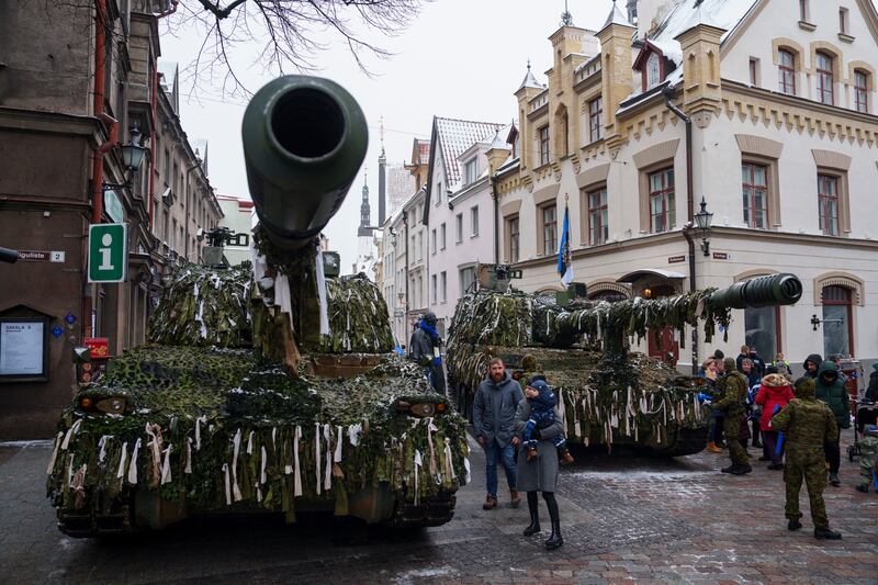 Estonian army's South Korean made Thunder K9 howitzers are parked in the old town ahead of a military parade during celebrations of the 105th anniversary of the Republic of Estonia, in Tallinn, Estonia, Friday, Feb. 24, 2023. (AP Photo/Pavel Golovkin)