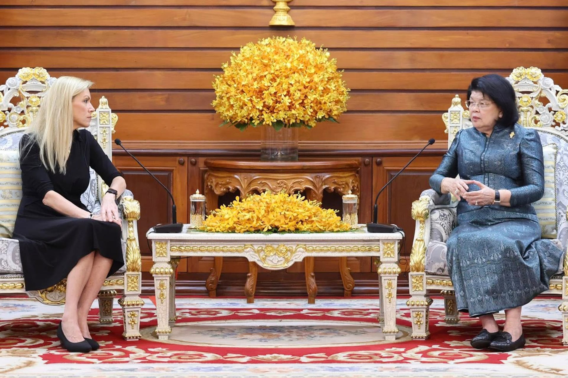 President of the Cambodian National Assembly Cambodia, Khuon Sudary (R) talks to US Congresswoman from Texas, Beth Van Duyne at the National Assembly Palace on August 28, 2025.