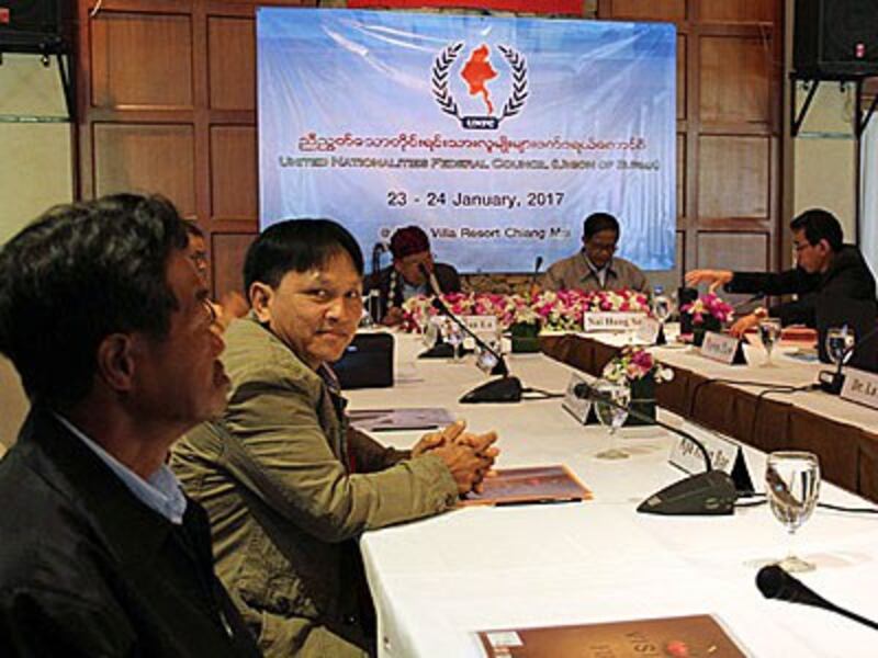 Members of the central executive committee of Myanmar's United Nationalities Federal Council (UNFC) hold a meeting in Chiang Mai, Thailand, Jan. 23, 2017.