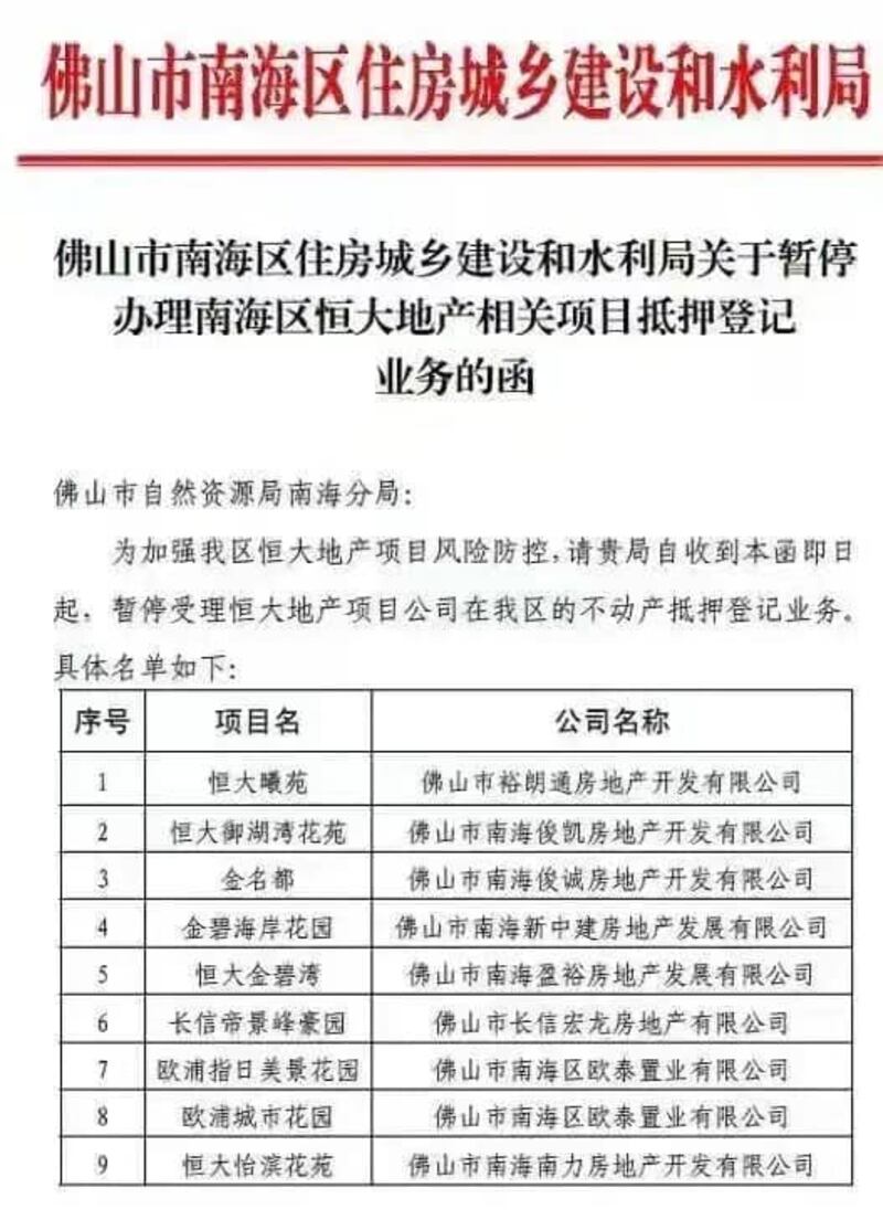 佛山房管部門的叫停令，被稱為是對恒大的釜底抽薪。（知情人提供/拍攝時間不詳）