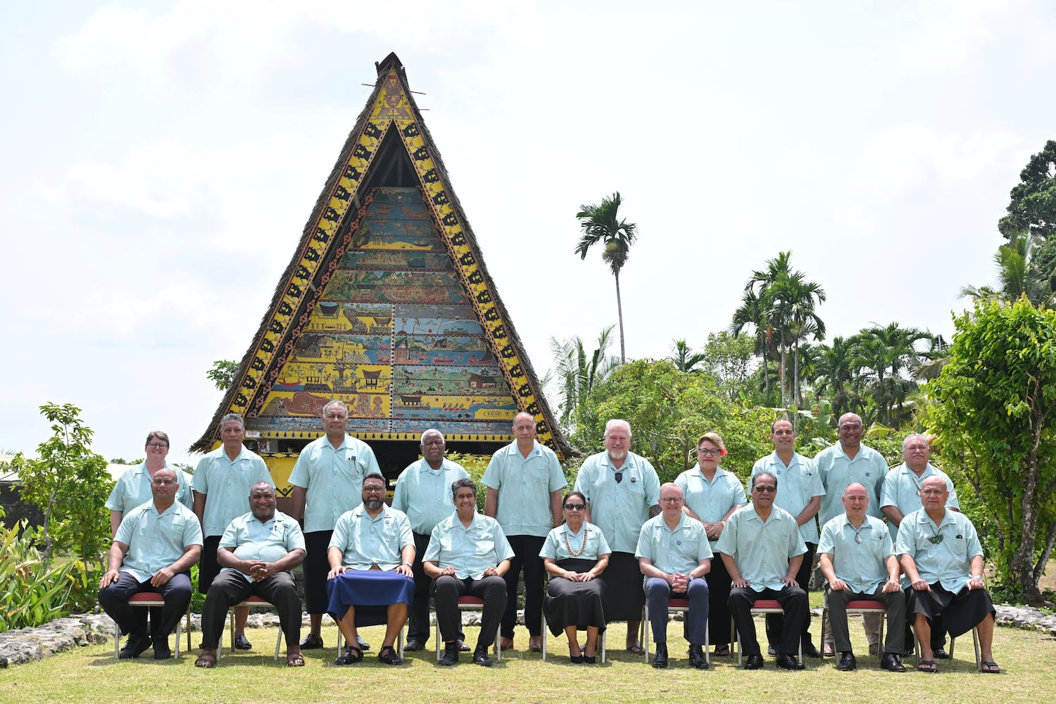 Leaders and officials of Pacific Islands countries pose at the 55th Pacific Islands Forum Leaders Meeting in Koror, Palau, September 2, 2026. Solomon Islands Minister for Foreign Affairs Rick Houenipwela, standing fourth from the left, was a last minute substitution for Wale, who had returned to Honiara.