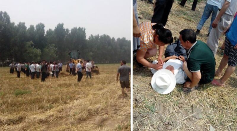 2013年5月28日，河南濟源市五龍口鎮東逯寨村四十多畝良田，遭鎮派出上百名警員，挖掘機正破壞農田。村民試圖阻止施工，但遭到警方鎮壓，有婦女被打倒地上昏迷。（村民攝）