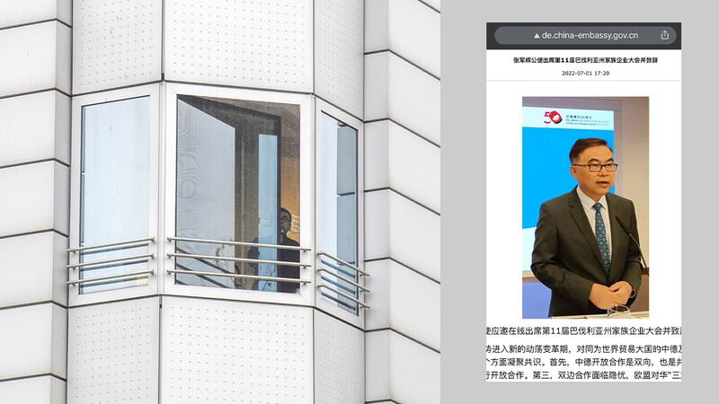 集會者發現中國駐德國使館高層建築上，有工作人員開窗偷拍，對比照片，疑為中國駐德公使張軍輝。（吳亦桐 攝 / 中國駐德使館官網截圖）