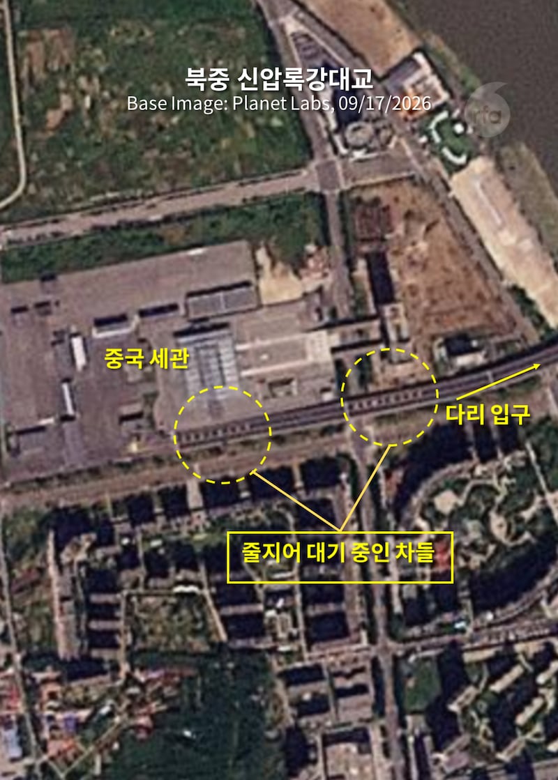 중국 세관 앞에 줄지어 대기 중인 차량들.