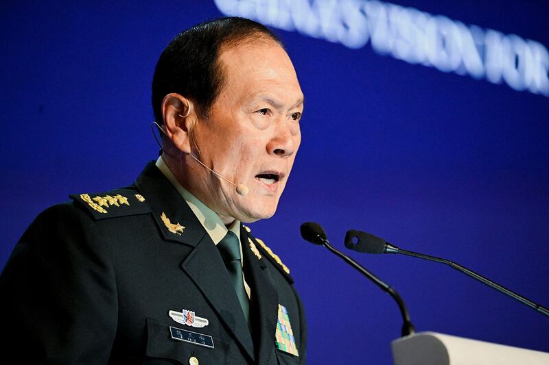 中国防长魏凤和在大会发言全面抨击美国《印太战略》搞小圈子,搞台独不惜一战。(路透社)