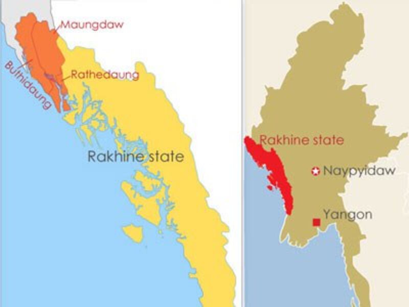 The map shows Maungdaw, Buthidaung, and Rathedaung townships in western Myanmar's Rakhine state.
