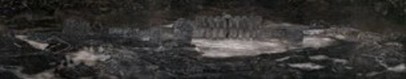 图片：孟煌先生纪念七五年三十万人受难，将近十八米长，三米五高的油画作品《板桥水库》（天溢提供）