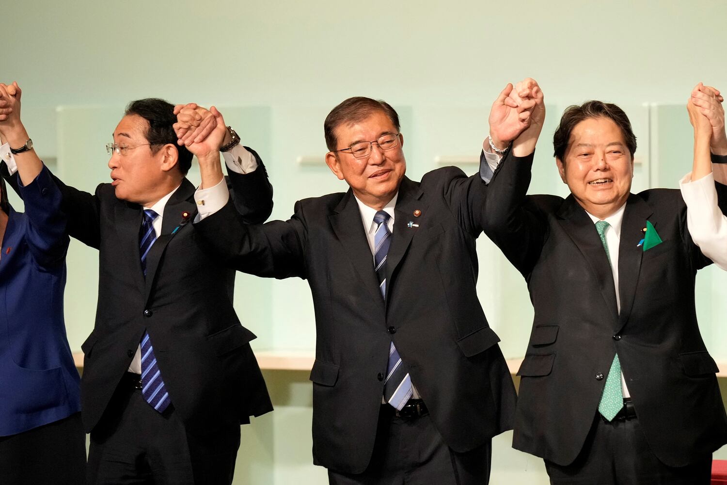 Shigeru Ishiba celebrates after he was elected as new head of Japan's ruling party at the Liberal Democratic Party’s leadership election Friday, Sept. 27, 2024, in Tokyo. (Hiro Komae/Pool via Reuters)