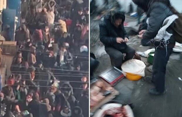 지난 12월 사람들로  붐비는 청진의 한 장마당 모습(사진 왼쪽)과 3월초 한적한 장마당에서 식품을 구입하는 주민의 모습.