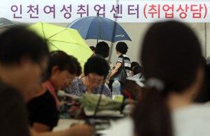 인천 남동구 인천종합예술문화회관에서 열린 '인천여성 구인ㆍ구직 만남의 날' 행사에서 구직 여성들이 취업 지원을 하기 위해 이력서를 작성하고 있다.