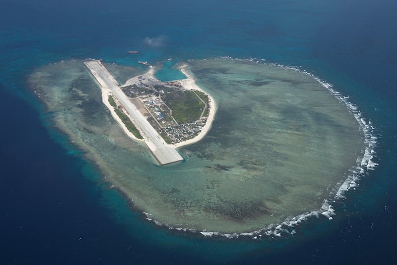 This March 9, 2023, photo shows  Philippine-occupied Thitu Island, locally known as Pag-asa, in the contested Spratly Islands, South China Sea.