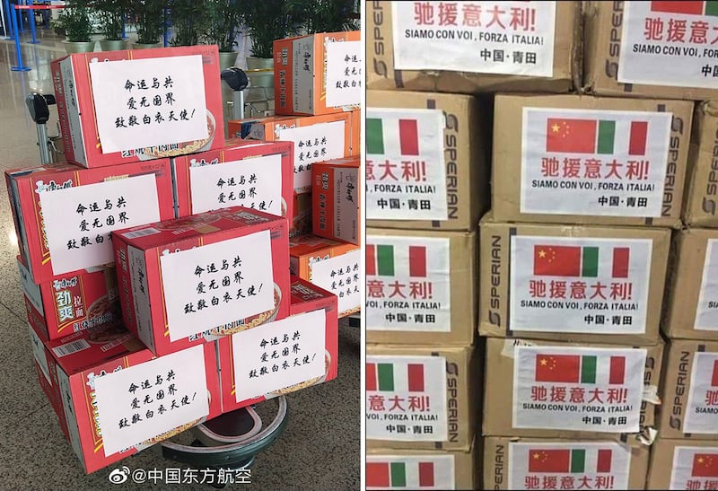 左图:中国红十字会向意大利提供的援助物资。(东航微博);右图:中国向意大利提供的医疗物资。(推特图片)