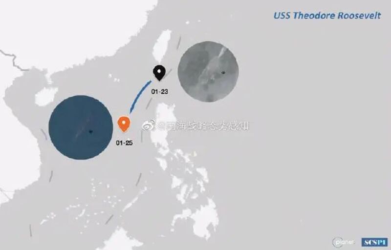 「羅斯福」號核動力航母，周六（23日）進入南海，周一（25日）抵達黃岩島一帶海域 。（南海戰略態勢感知微博）